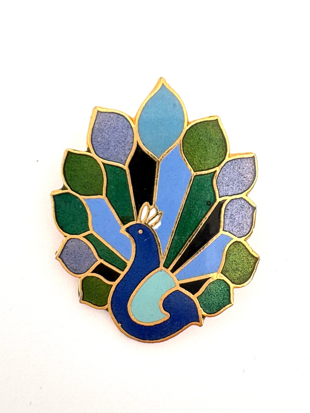 Enamel Cloisonné Style Peacock Pin Brooch  in Blue and Green